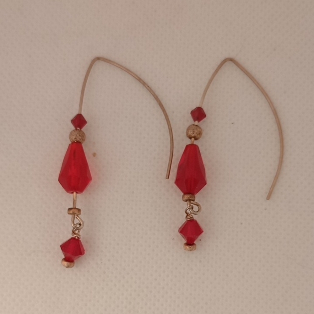 Hand Crafted Silver and Red Beaded Earrings Casual Everyday Unique Bohemian Fun